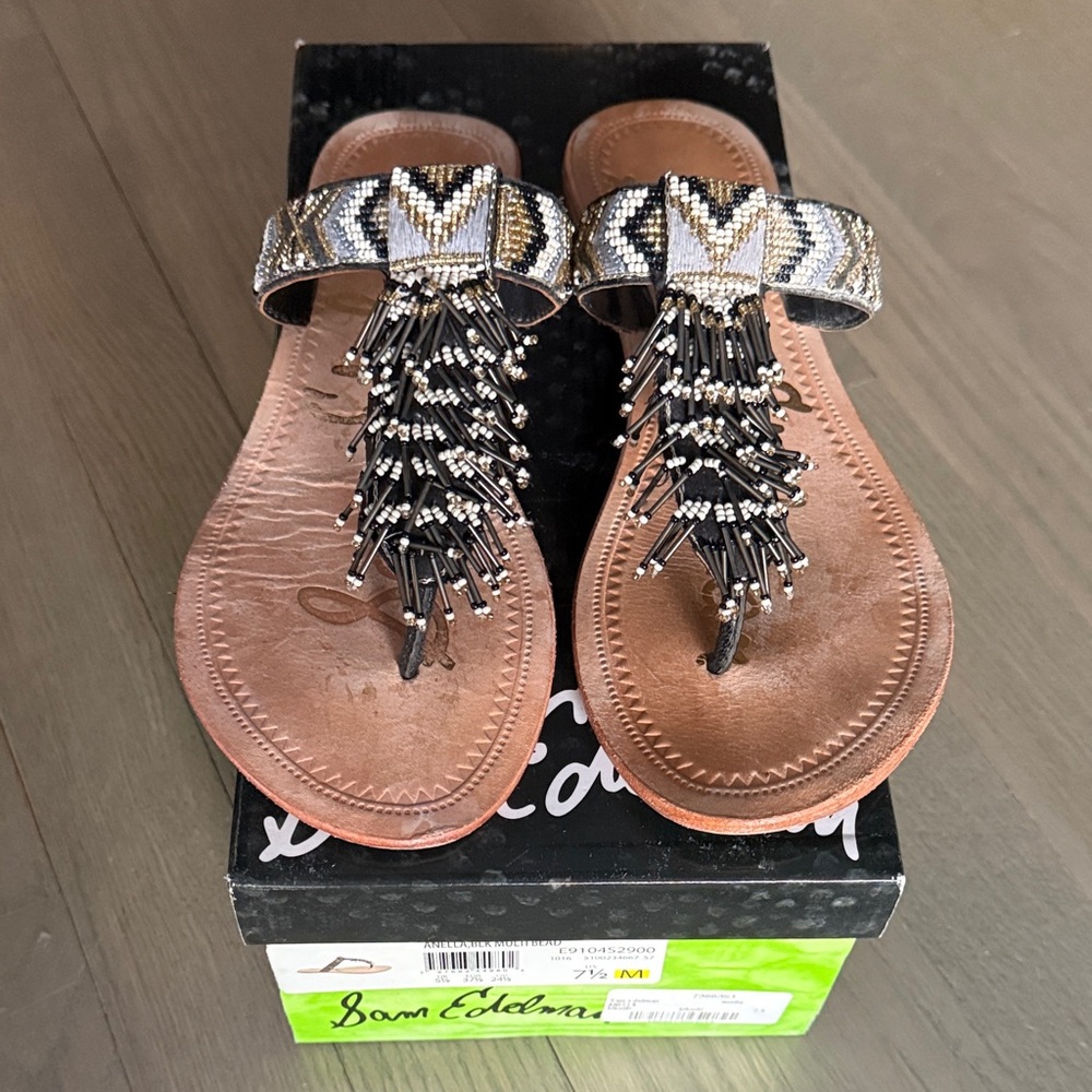 Sam Edelman Anella Beaded Sandals in Black and Tan, sz 7.5